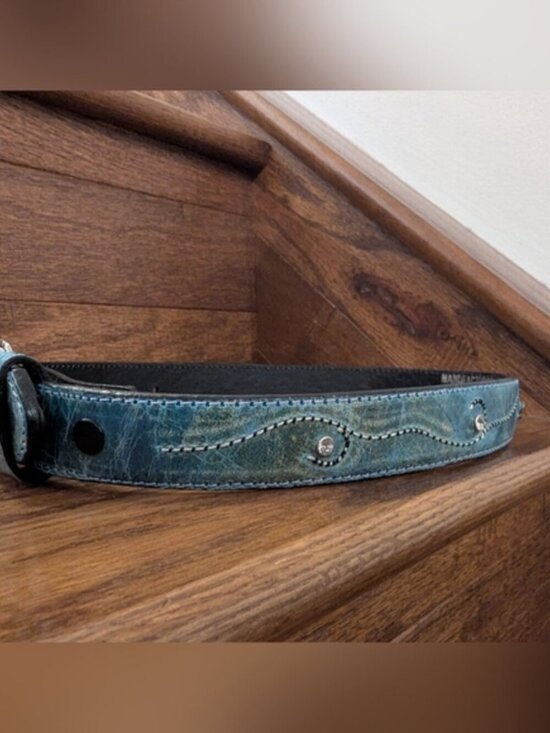 Western Belt Teal Leather, Silver Buckle White/Black Stitching & Gemstones Sz XS